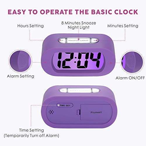 Plumeet Kids Alarm Clock Large Digital LCD Travel Alarm Clocks with Snooze and Night Light - Ascending Sound and Handheld Size - Best Gift for Kids (Purple) - color: Purple