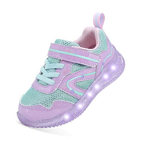 YESKIS Toddler Boys Girls Light Up Shoes LED Flashing Lightweight Mesh Breathable Adorable Running Sneakers for Toddler and Little Kid - color: Purple Light Up Shoes, size: 2 Little Kid