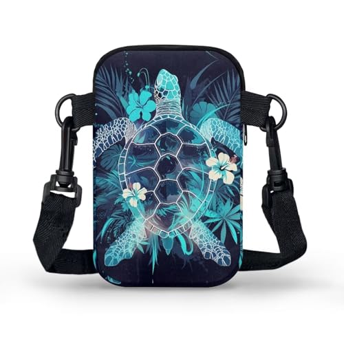 Hawaiian Tribal Small Crossbody Bags for Women Cell Phone Bag Purse, Sea Turtle Zipper Sling Purses Shoulder Bag - color: Sea Turtle Flowers
