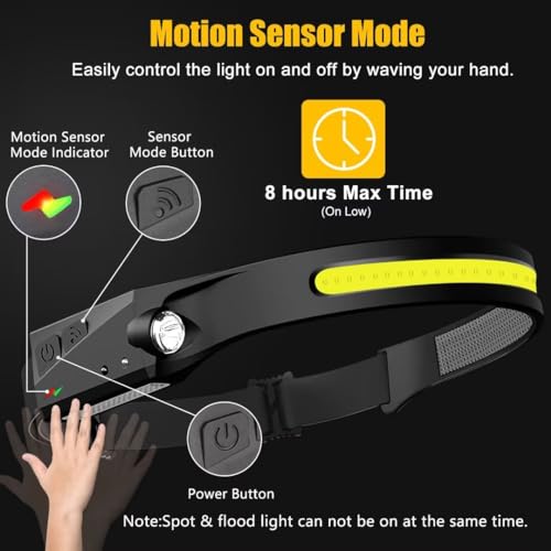 Headlamp Rechargeable 2PCS, 230° Wide Beam Head Lamp LED with Motion Sensor for Adults - Camping Accessories Gear, Waterproof Head Light Flashlight for Hiking, Running, Repairing, Fishing, Cycling - size: 2 Pack