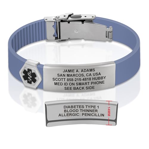 Divoti Custom Dual-Sided Engraved Silicone Medical Alert ID Wristband w/Security Clasp & Trim-to-Fit Band - Style - color: Carmella Blue / Brushed Stainless Silver / Black, size: Band Width - 13mm