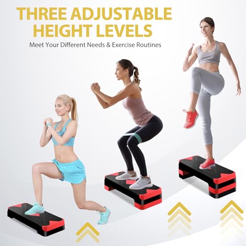 F2C 26.5 Inches Step Aerobics Stepper Platform with 3 Risers, Home Gym Workout Equipment, Fitness Exercise Equipment, Exercise Workout Stepper - color: Red