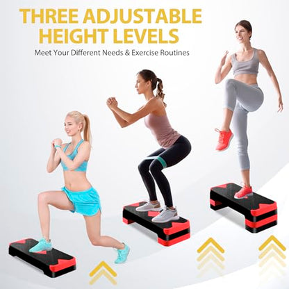 Non-Slip 27 Inch Aerobic Exercise Step Platform 4"-6"-8" Height Adjustable Risers for Home Gym Cardio Training Fitness Workout Stepper Trainer - color: Red