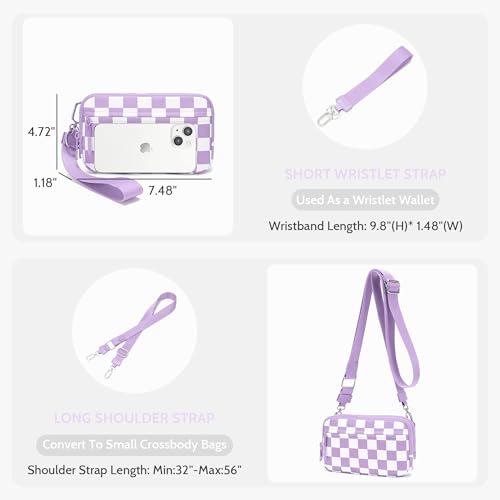 FODOKO Wristlet wallets for Women RFID crossbody bags with 4 Zippers - color: Light Purple