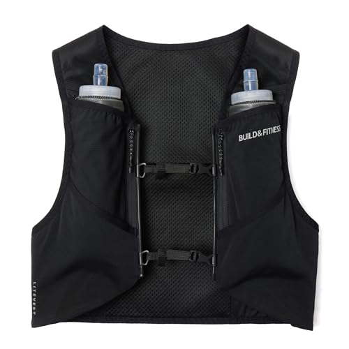 Build & Fitness LITEVEST Running Vest with 2X 500ml Soft Flasks – 7 Pockets, Lightweight, Breathable Hydration Vest – Premium, Secure, Comfort & Style for Training, Trails, Marathons & Everyday Runs - size: L / XL