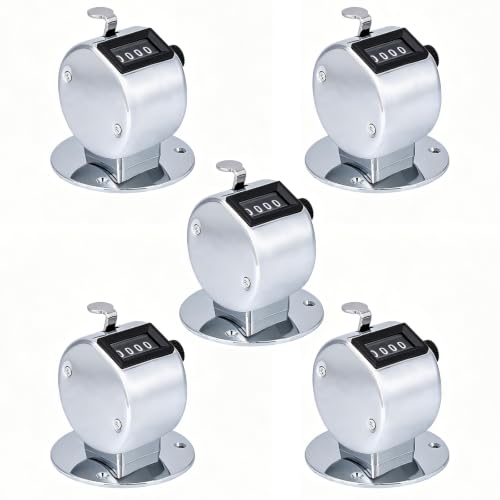 5Pcs Clicker Counter Set, 4 Digit Hand Counter Clicker with Loop, Metal Hand Tally Counter with Round Base for Sports, Events, Game, Scores, Golf, Silver