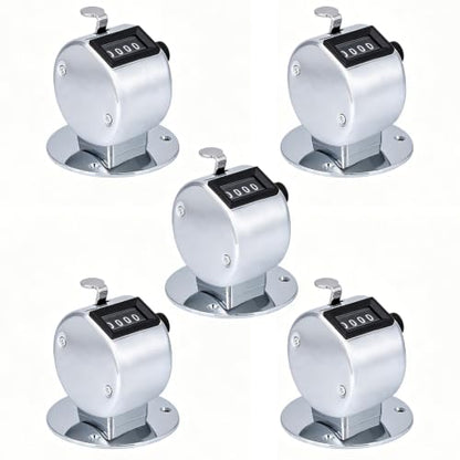 5Pcs Clicker Counter Set, 4 Digit Hand Counter Clicker with Loop, Metal Hand Tally Counter with Round Base for Sports, Events, Game, Scores, Golf, Silver