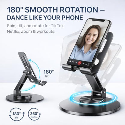 Mizi Universal Metal Phone Stand - 360°/720° Adjustable Rotation Desk Holder, Foldable & Stable with Non-Slip Weighted Base, Compatible with iPhone 17/16/15/14/13/12 Pro Max & All Smartphones - Grey - size: K73