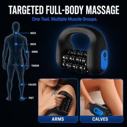 2-in-1 Electric Handheld Massager, Deep Tissue Roller Massager with Hands-Free Massage Base, Rechargeable Muscle Recovery Tool for Feet, Calves, Arms, Neck and Back Relief
