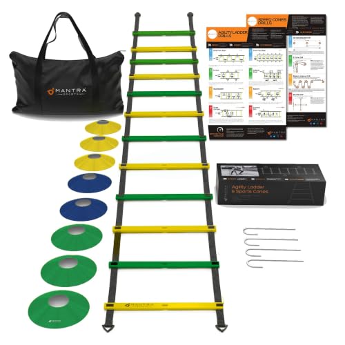 Agility Ladder Set, 12-Rung Speed Ladder + Training Cones, Soccer Training Equipment, Footwork Drills Kit, Speed & Agility Equipment, Football Practice Equipment, Basketball Gear - color: Yellow and Green