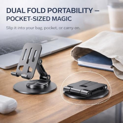 Mizi Universal Metal Phone Stand - 360°/720° Adjustable Rotation Desk Holder, Foldable & Stable with Non-Slip Weighted Base, Compatible with iPhone 17/16/15/14/13/12 Pro Max & All Smartphones - Grey - size: K73