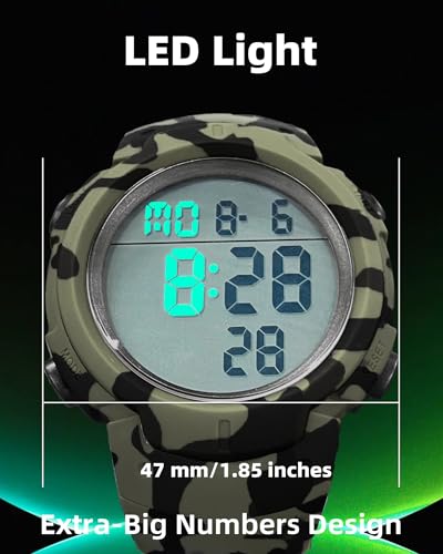 CakCity Digital Watch Mens, Waterproof Sport Wristwatch, Referee Stopwatch - color: Green Camouflage