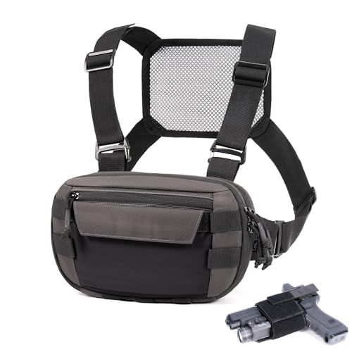 Tactical Chest Rig Pack for Men and Women, Low Profile Utility CCW Chest Bag with Gun Holster for Outdoor Hiking Hunting Gravel Cycling Biking - color: Gray