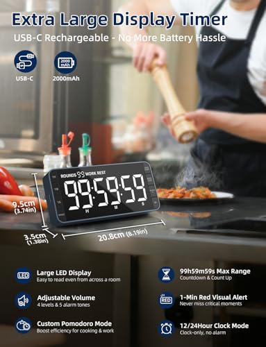Large 7.8" Digital Timer with LED Display, Magnetic for Kitchen & Classroom - color: Navy Blue