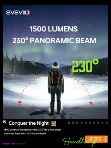 svsviio K0209*2PCS 1500 Lumen Rechargeable Headlamp,230° Wide Beam Super Bright LED Head Lamp,4 Modes,Red Light,IPX5,Head Lights for Forehead,Hard Hat Light for Adults Camping,Hiking,Mechanic - size: 2 Pack