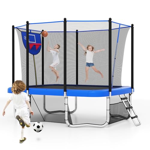 GYMAX Trampoline Outdoor, 10 x 8FT Rectangle Trampoline with Basketball Hoop, Soccer Goal, Anti-Slip Ladder & Shoes Storage, Heavy Duty Backyard Trampolines for Kids & Adults - color: Blue