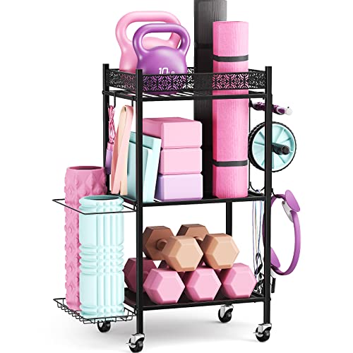 VOPEAK Home Gym Storage Rack, 3-Tier Yoga Mat Storage with Wheels & Hooks - color: BLACK