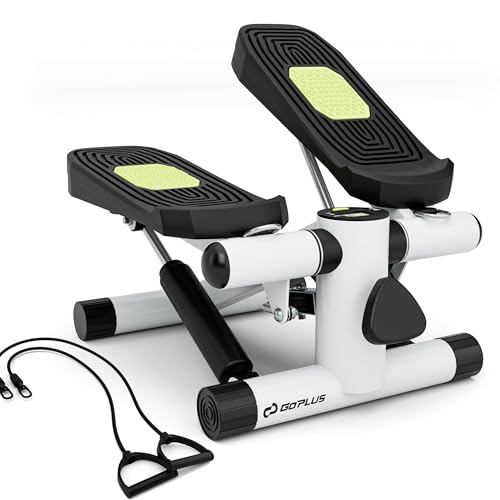 Goplus Steppers for Exercise at Home, Intensity Adjustable Hydraulic Mini Stepper w/Resistance Bands & LCD Monitor, Quiet & Portable Small Cardio Exercise Machine for Home Office or Under Desk - color: White