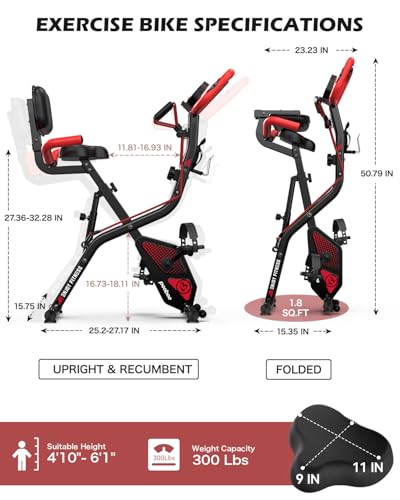 pooboo Folding Magnetic X‑Bike, Upright Exercise Bike for Home Gym - color: Black & Scarlet
