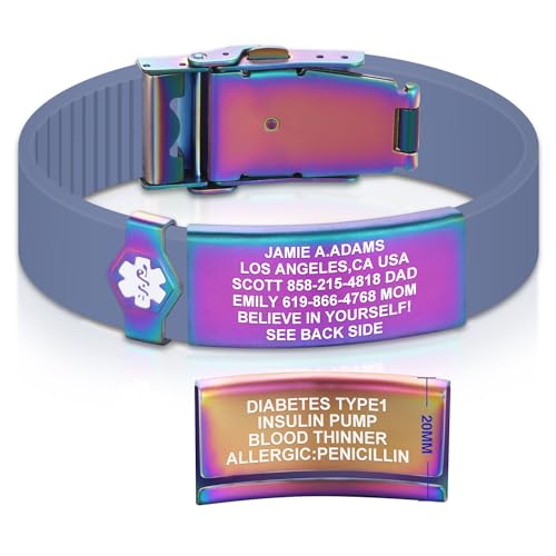 Divoti Custom Dual-Sided Engraved Silicone Medical Alert ID Wristband w/Security Clasp & Trim-to-Fit Band - Style - color: Carmella Blue / PVD Rainbow / White, size: Band Width - 19mm