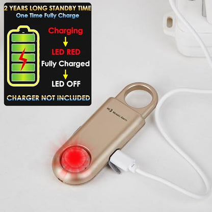 135dB Rechargeable Personal Safety Alarm Strobe Light Flashlight Keychain Siren for Women, Girls, College, School Students Emergency SOS Alerts Loud Sound Hiking Alarm Torchlight Bear Deterrent. Gold - color: Gold, style: Rechargeable & Built-in Flashligh