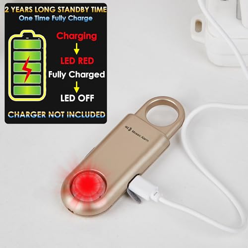 135dB Rechargeable Personal Safety Alarm Strobe Light Flashlight Keychain Siren for Women, Girls, College, School Students Emergency SOS Alerts Loud Sound Hiking Alarm Torchlight Bear Deterrent. Gold - color: Gold, style: Rechargeable & Built-in Flashligh
