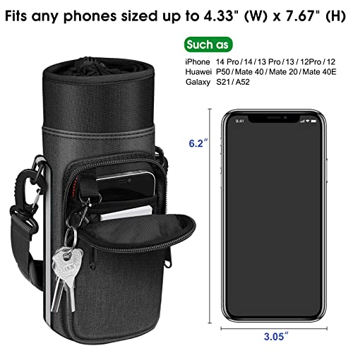 CaseBot Water Bottle Carrier Bag Sling Case, Sports Water Bottle Pouch Holder Sleeve with Adjustable Shoulder Hand Strap and 2 Pockets for Men Women Hiking Camping Travelling - color: Black