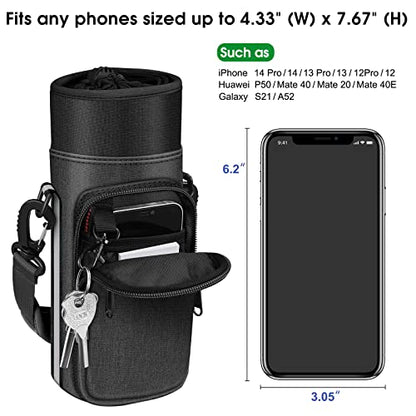 CaseBot Water Bottle Carrier Bag Sling Case, Sports Water Bottle Pouch Holder Sleeve with Adjustable Shoulder Hand Strap and 2 Pockets for Men Women Hiking Camping Travelling - color: Black