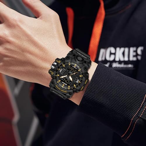 FANMIS Men's Analog Digital Sports Watch 50M LED Backlight Military Watch - color: X Black Gold