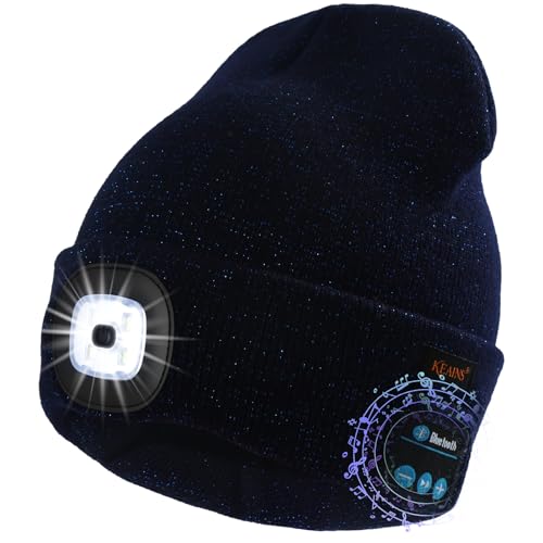Keains Bluetooth Beanie with LED Light, Gifts for Men Women Dad Husband Him - color: Navy Blue+blue Wire