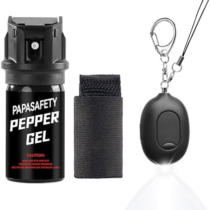 3-in-1 Personal Security Set – 130dB Personal Safety Alarm, Door Handle Alarm & LED Flashlight, Maximum Strength Pepper Spray Gel, Flip-Top Safety Cap, Adjustable Hand Strap for Runners - color: Black/Black, style: 40ML