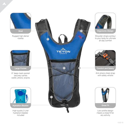 Teton Oasis/Trailrunner Hydration Backpack – Lightweight Water Pack with 2L/3L Bladder for Hiking, Running, Cycling, Biking 18L/22L Sizes – Sewn-in Rain Cover – Fits Men and Women - color: Riverside, size: 2 Liters