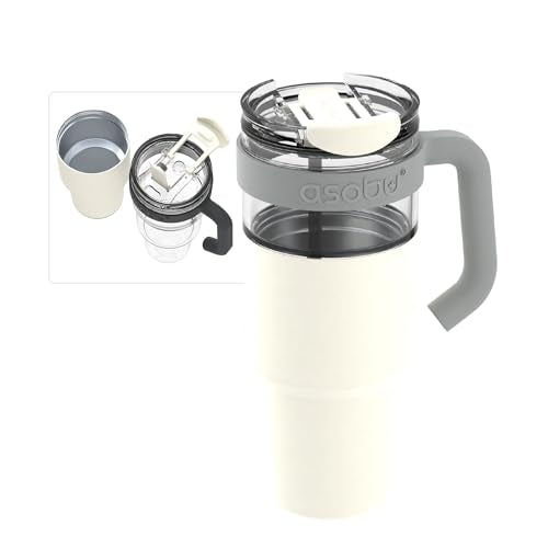 asobu Extra Large Travel Explorer Tumbler for Hot and Cold with Stainless Steel Removable Coffee Mug Sleeve - Straw and Flip Open Sip Spout, 34 oz / 25 oz (White) - color: White, style: EXPLORER
