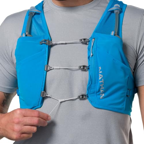 Nathan Hydration Vest - Lightweight, Quick-Fit Fix, Reflective, 4L Storage, Six Pockets, Two 14oz Flasks, Pinnacle Breeze - size: XX-Large, style: Electric Blue