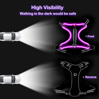 Light Up Dog Harness, Rechargeable LED Dog Vest for Night Walking - color: Purple-Pink, size: XL