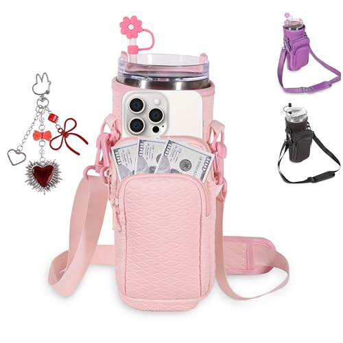 &And Per Se Water Bottle Shoulder Bag for Women, Neoprene Carrier with Phone Pocket & Pink Charm, Adjustable Crossbody Strap Fits Stanley 30oz Tumblers, Gift for Her (Pink) - color: Pink, size: 30oz