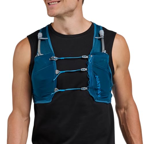 Nathan Hydration Vest - Lightweight, Quick-Fit Fix, Reflective, 4L Storage, Six Pockets, Two 14oz Flasks, Pinnacle Breeze - size: Large-X-Large, style: Sailor Blue/Deep Blue