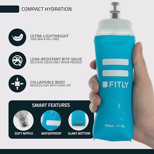 FITLY Soft Flask 17 oz 500ml (2 Pack), Collapsible Running Water Bottles for Hydration Pack and Running Vest, BPA Free Soft Water Bottles with Bite Valve for Hiking, Cycling & Skiing - Black & Blue