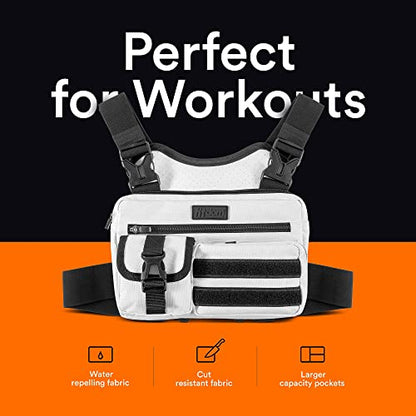 Fitdom Running Chest Pack for Men, Tactical Sports Utility Bag with Pockets - color: White, style: Locked‑in Comfort