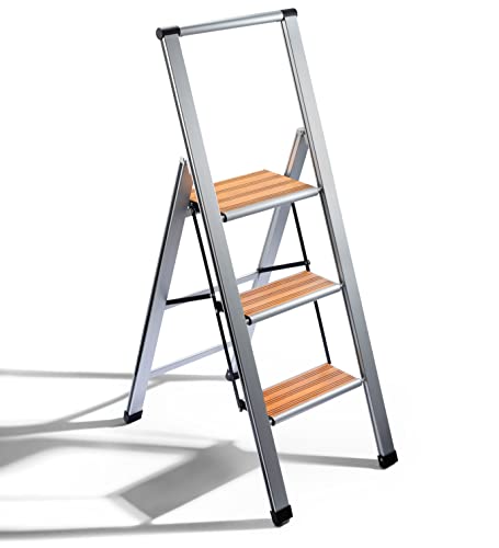 Step Ladder 3 Step Folding, Decorative - Beautiful Bamboo &Silver Aluminum, Ultra Slim Profile, Anti Slip Steps, Sturdy-Portable for Home, Office, Kitchen, Photography Use,By SORFEY - color: Silver, size: 3-Step