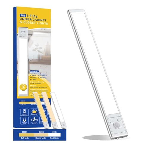 Under Cabinet Lighting,88 LED 1800mAh Rechargeable Motion Sensor Light Indoor, 3 Color Temps 3 Brightness Dimmable Closet Lights, Counter Lights for Kitchen, Wardrobe, Stairs - size: 1 Pack-12 Inch