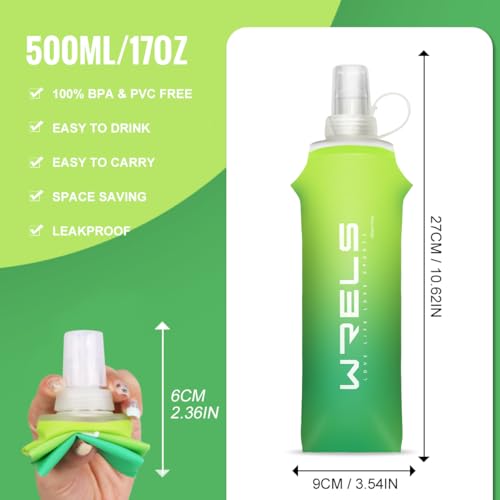 WRELS TPU Soft Flask Lightweight Portable Reusable Water Bottle,BPA Free Collapsible Flask for Hydration Pack in Running Hiking Cycling and Marathon - color: Mix Green-500ml *2