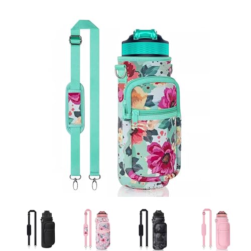 Water Bottle Sling Bag with Storage Pockets & Strap for Hiking Gym Walking - color: Flower Green 04, size: 32oz Long