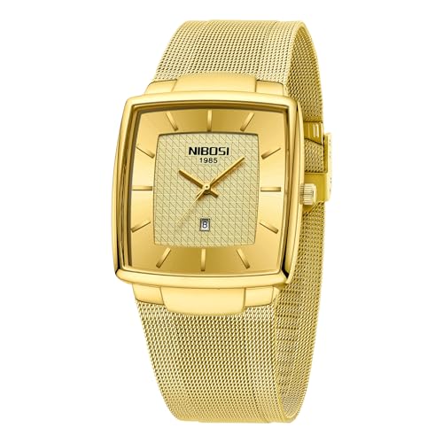 NIBOSI Men's Analog Watch, Square Dial Mesh Strap, Date Display - color: 2613-Gold