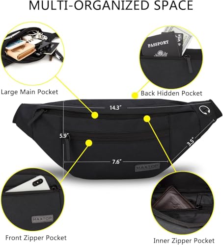 MAXTOP Large Fanny Pack for Women Men Crossbody Bag with 4-Zipper Pockets - color: Black