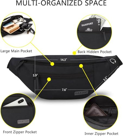 MAXTOP Large Fanny Pack for Women Men Crossbody Bag with 4-Zipper Pockets - color: Black