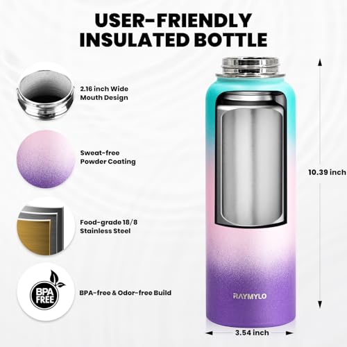 RAYMYLO Insulated Water Bottle 40 oz, Triple Wall Vacuum Stainless Steel - color: Green Pink Purple Gradient, size: 40 Ounces