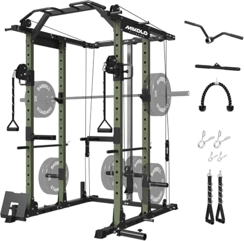 Mikolo Power Cage, Power Rack with Cable Crossover System, 1500LBS Squat Rack with LAT Pull Down System, Workout Cage with Pulley System for Fitness Home Gym - color: Green, style: Power Cage Only