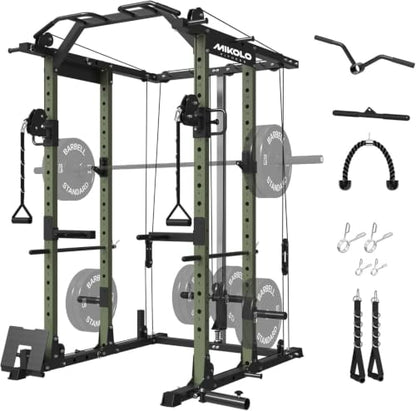 Mikolo Power Cage, Power Rack with Cable Crossover System, 1500LBS Squat Rack with LAT Pull Down System, Workout Cage with Pulley System for Fitness Home Gym - color: Green, style: Power Cage Only