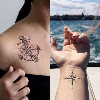 Semi Permanent Tattoo, Nautical Anchor Compass Design, Medium - color: Anchor